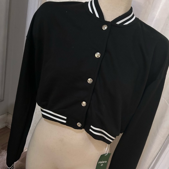 HALARA Jackets & Blazers - HALARA Black Button-Up Crop Bomber Varsity Jacket Striped Ribbed Trim LARGE NWT
